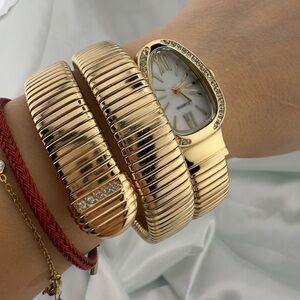 Serpentine Gold Snake Coil Wrap Watch - Crystal-Embellished Statement Watch
